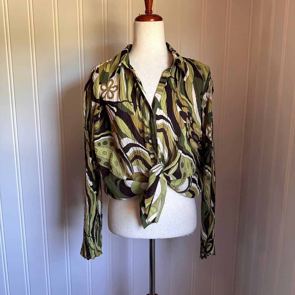Vintage 90s/Y2K Groovy Green Bell Sleeve Blouse XL